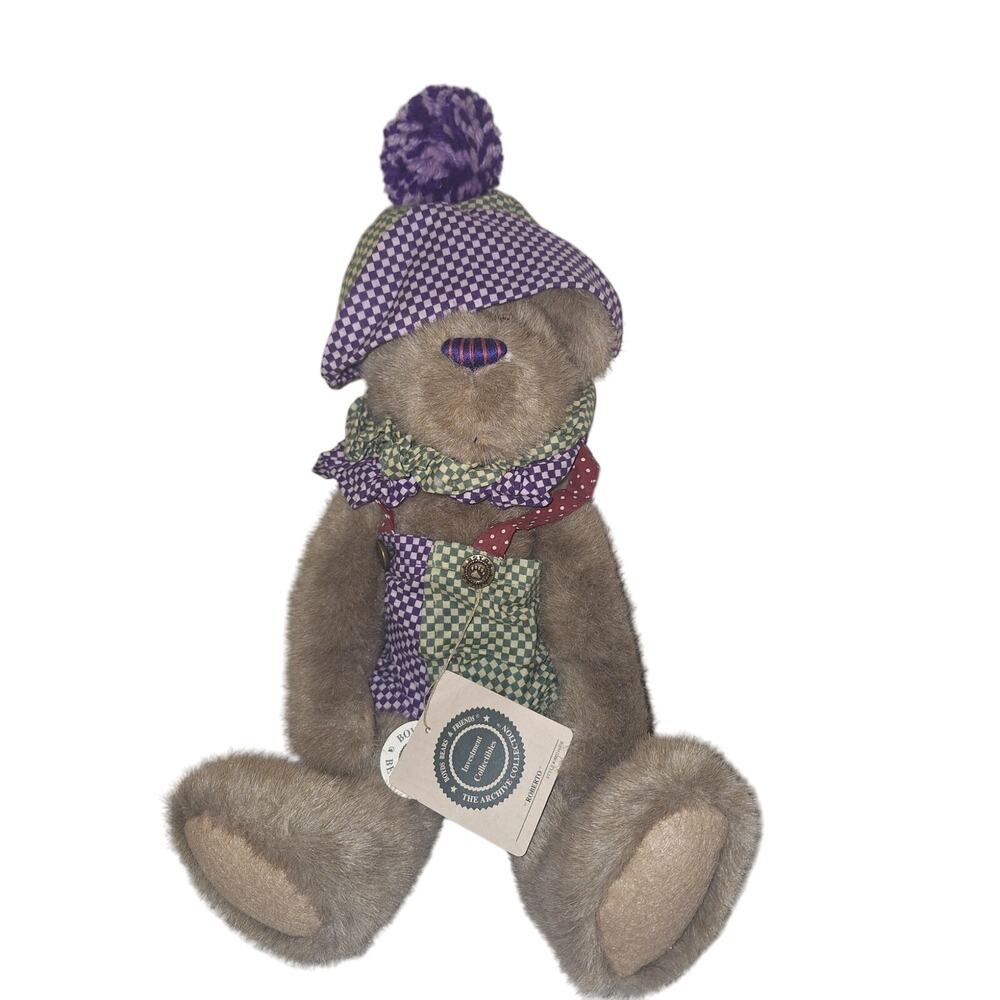 Vintage Boyds 90s Collectible Roberto Bear Plaid Purple Green Overalls Hat Gift